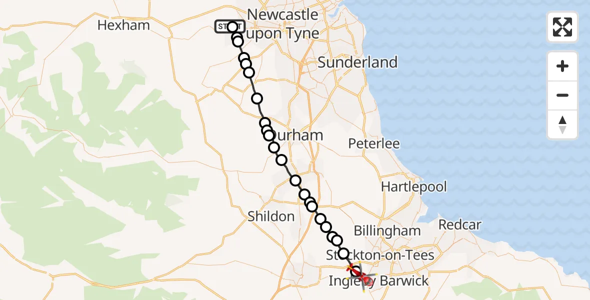 Flight path map showing Air Ambulance Helicopter route from Ryton to Egglescliffe