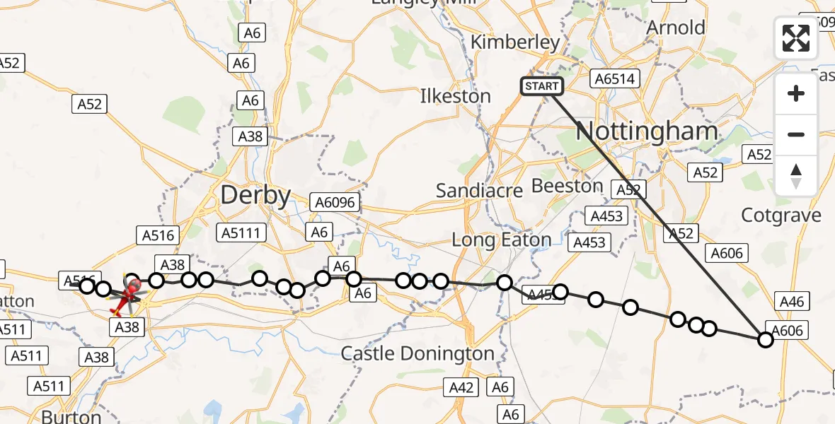 Flight path map showing Air Ambulance Helicopter route from Bulwell to Etwall CP