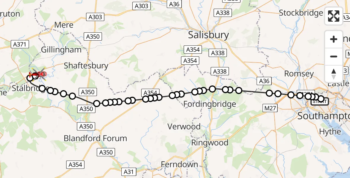 Flight route Air Ambulance Helicopter University Hospital Southampton - Henstridge Airfield, 20 April 2026, 09:22
