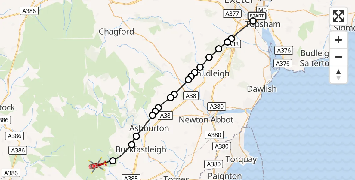 Flight path map showing Air Ambulance Helicopter route from Topsham to South Hams