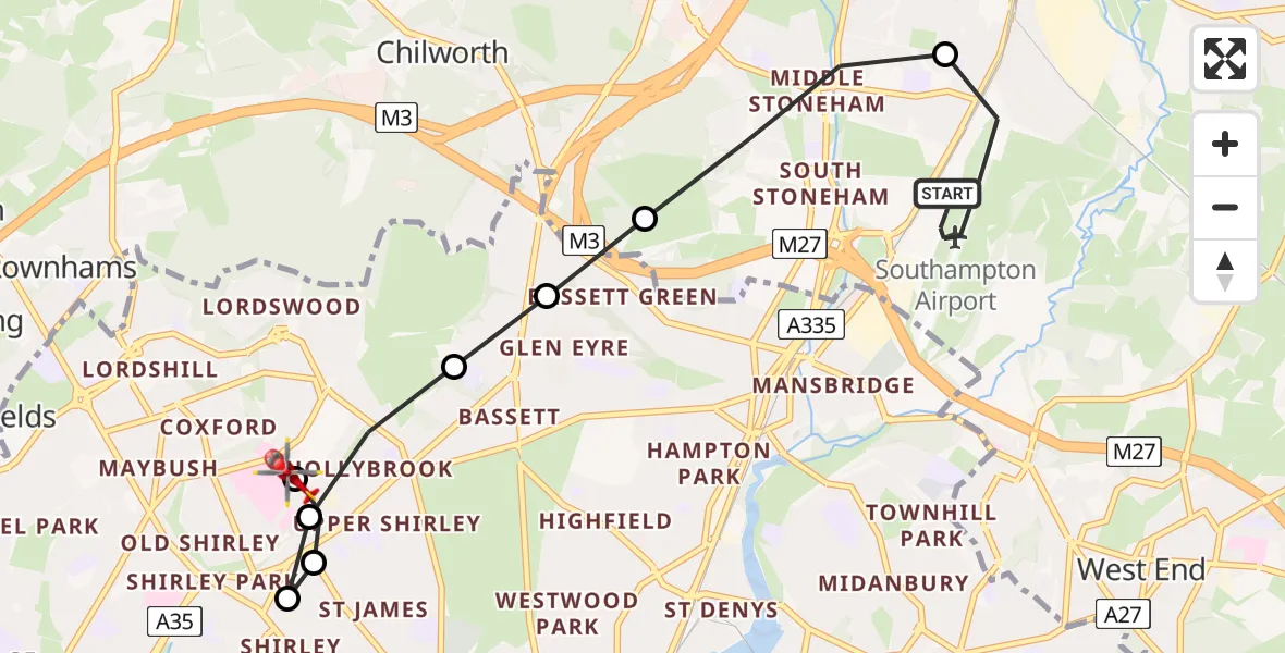 Flight route Air Ambulance Helicopter Southampton Airport - University Hospital Southampton, 20 April 2026, 09:31