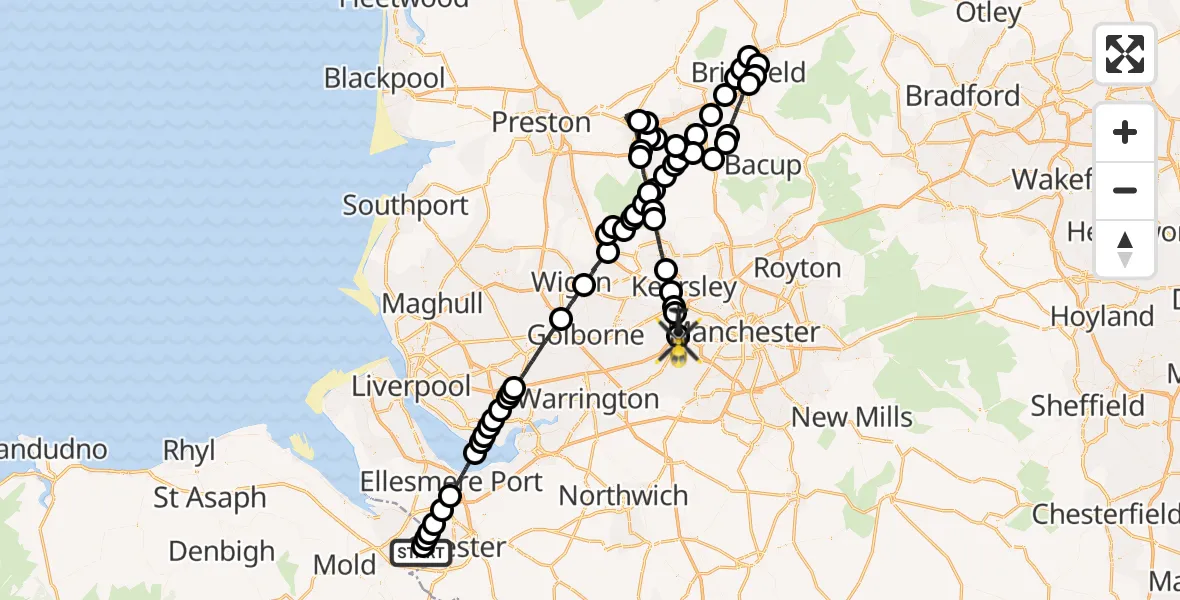Flight path map showing Police Helicopter route from Hawarden Airport to Irlam