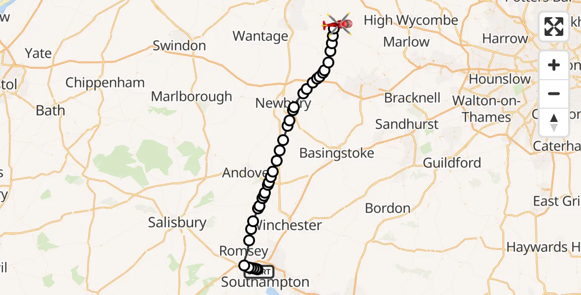 Flight route Air Ambulance Helicopter University Hospital Southampton - RAF Benson, 20 April 2026, 09:48