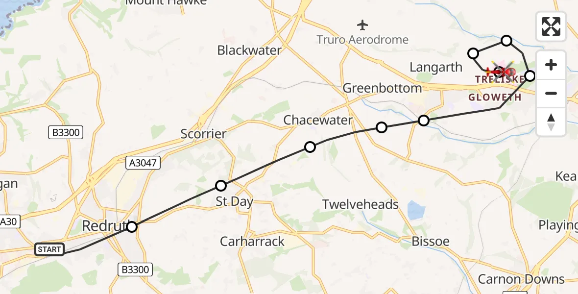 Flight route Air Ambulance Helicopter Illogan Highway - Treliske Hospital, 20 April 2026, 09:49