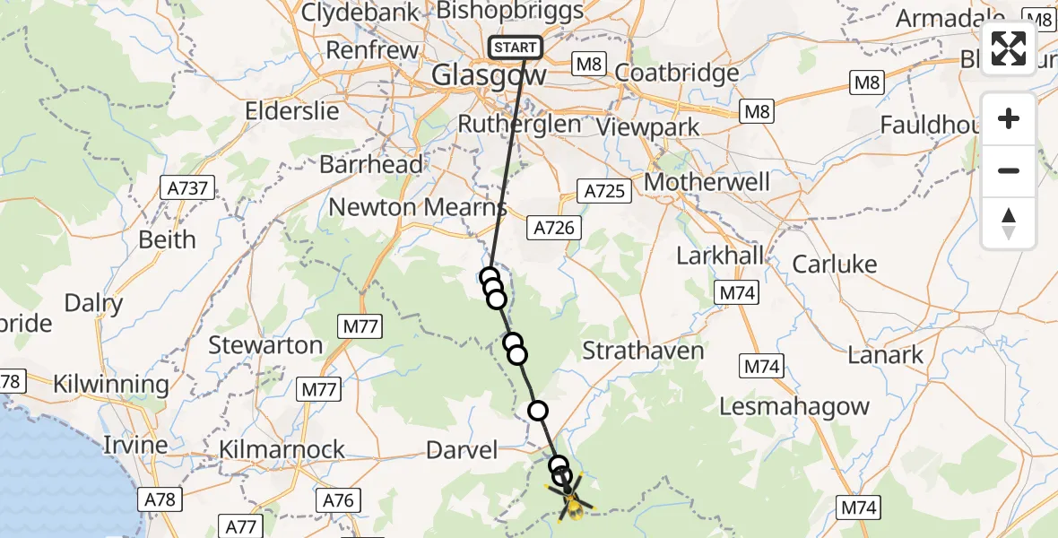 Flight path map showing Police Helicopter route from Glasgow to South Lanarkshire