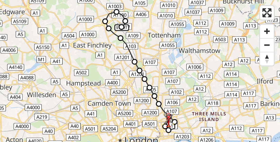 Flight path map showing Air Ambulance Helicopter route from Haringey to Whitechapel