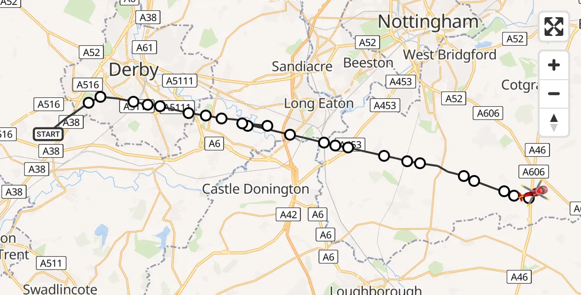 Flight path map showing Air Ambulance Helicopter route from Burnaston CP to Nottingham Heliport