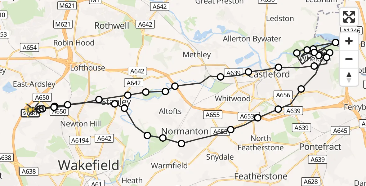 Flight path map showing Police Helicopter route from East Ardsley to Wrenthorpe