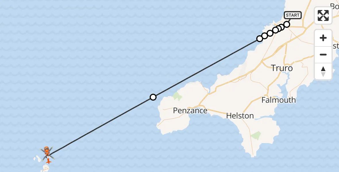 Flight route Coastguard Helicopter Cornwall Airport Newquay - North Atlantic Ocean, 20 April 2026, 10:24
