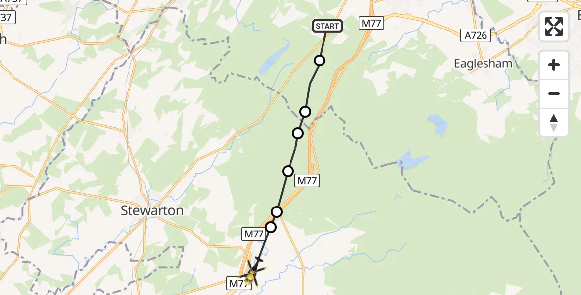 Flight path map showing Police Helicopter route from Newton Mearns to Fenwick