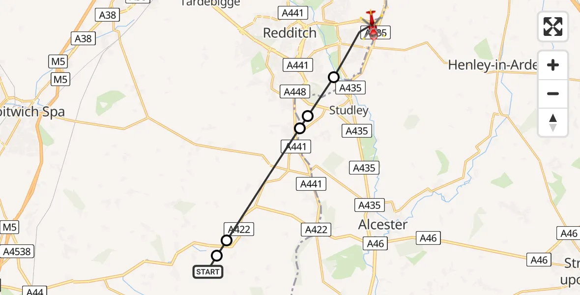 Flight route Air Ambulance Helicopter Kington - Stratford-on-Avon, 20 April 2026, 10:27