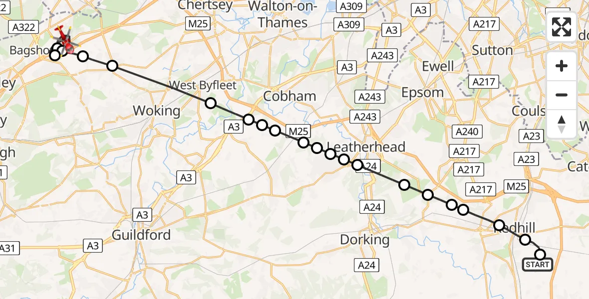 Flight route Air Ambulance Helicopter Redhill Aerodrome - Windlesham, 20 April 2026, 10:28