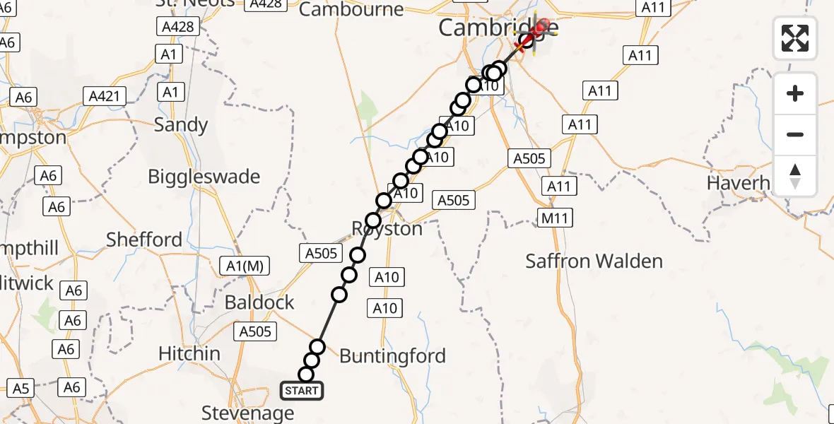 Flight path map showing Air Ambulance Helicopter route from Walkern to Cambridge