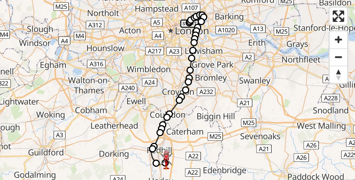 Flight path map showing Air Ambulance Helicopter route from Whitechapel to Redhill Aerodrome