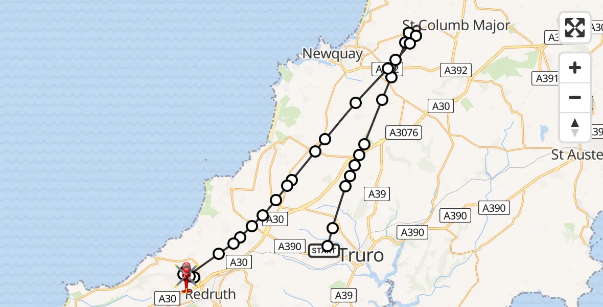 Flight route Air Ambulance Helicopter Treliske Hospital - Illogan, 20 April 2026, 10:51