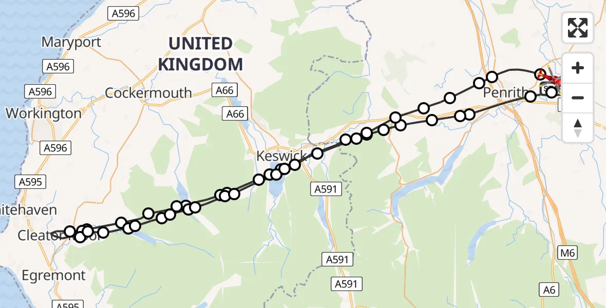 Flight path map showing Air Ambulance Helicopter route from Edenhall to Edenhall
