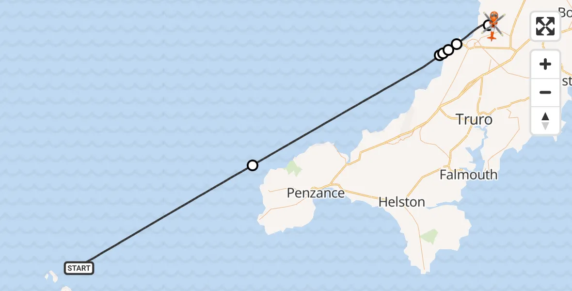 Flight route Coastguard Helicopter North Atlantic Ocean - Cornwall Airport Newquay, 20 April 2026, 11:06