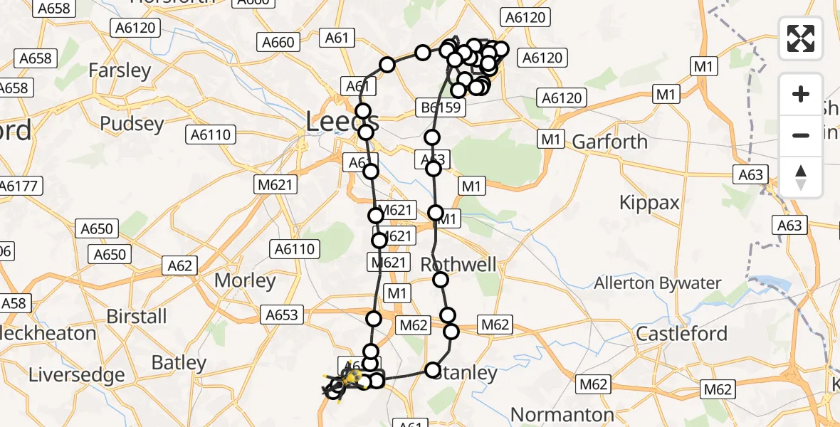 Flight path map showing Police Helicopter route from Wrenthorpe to Wrenthorpe