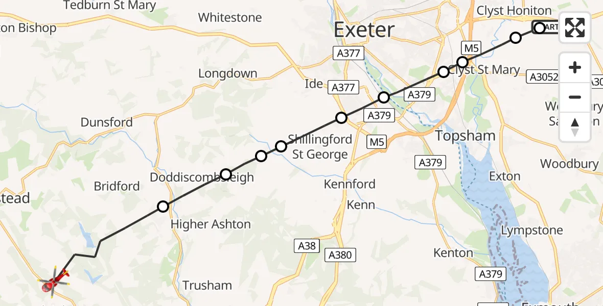 Flight path map showing Air Ambulance Helicopter route from Exeter International Airport to Lustleigh