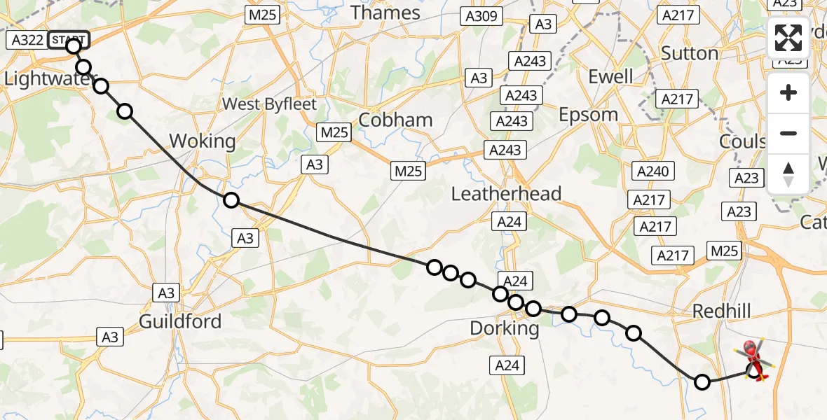 Flight route Air Ambulance Helicopter Windlesham - Redhill Aerodrome, 20 April 2026, 11:35