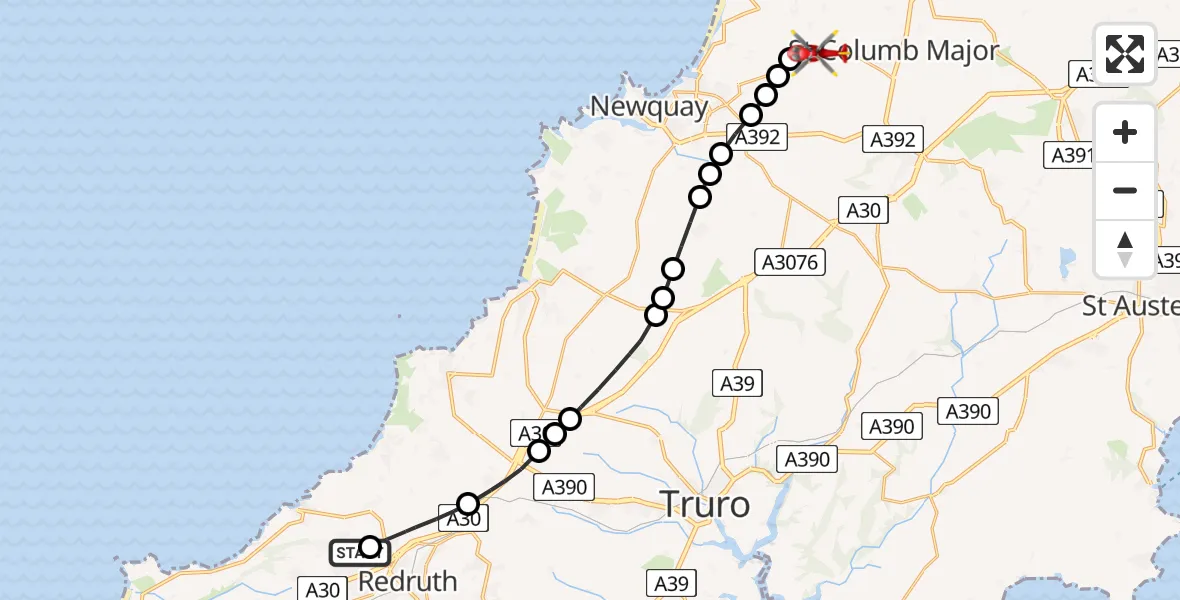 Flight route Air Ambulance Helicopter Illogan - Cornwall Airport Newquay, 20 April 2026, 11:36