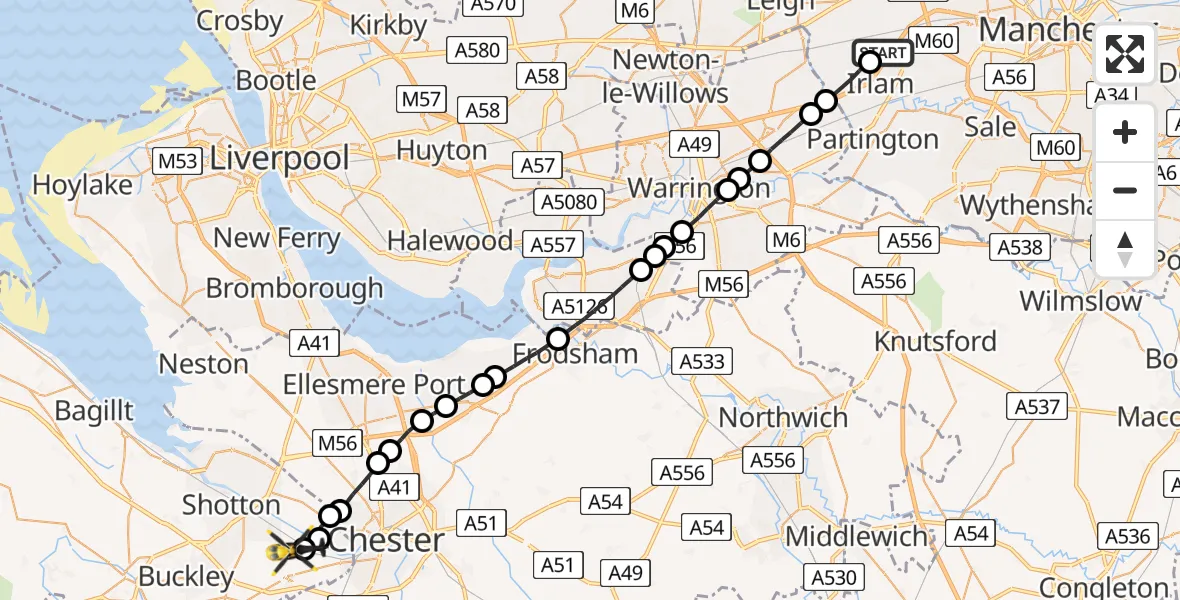 Flight path map showing Police Helicopter route from Irlam to Hawarden Airport