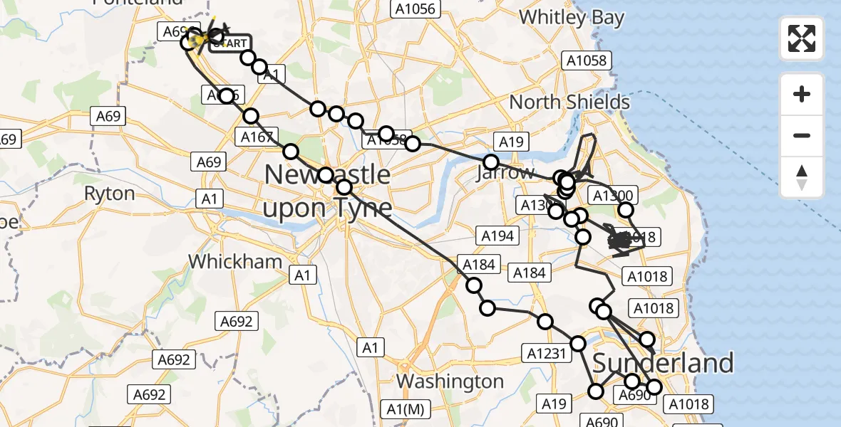 Flight path map showing Police Helicopter route from Woolsington to Newcastle International Airport