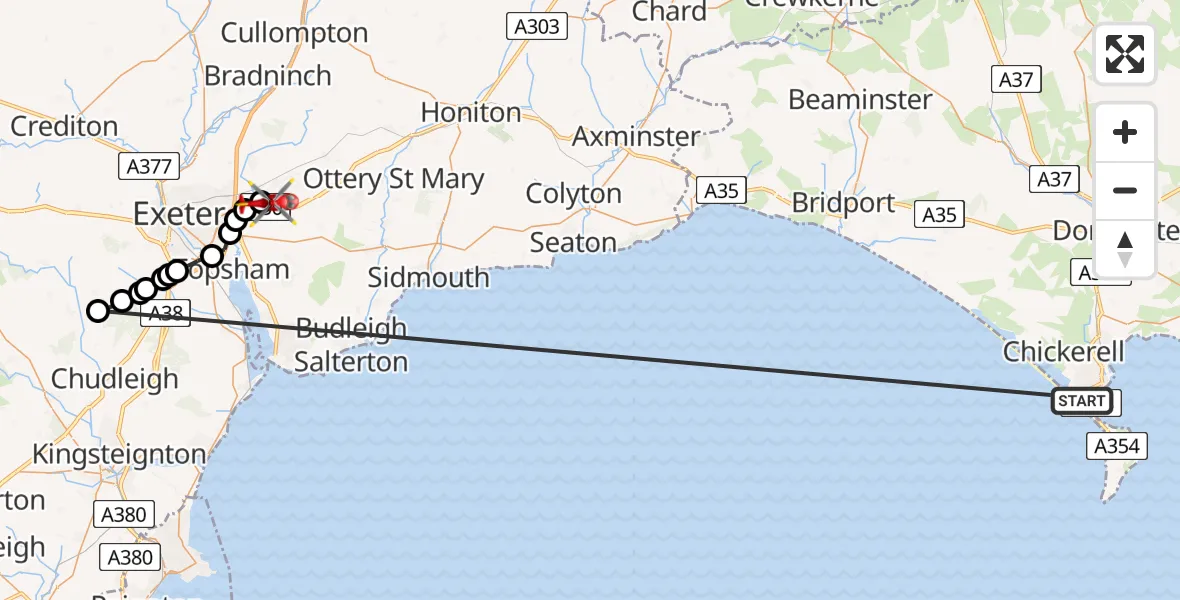 Flight path map showing Air Ambulance Helicopter route from Weymouth to Exeter International Airport