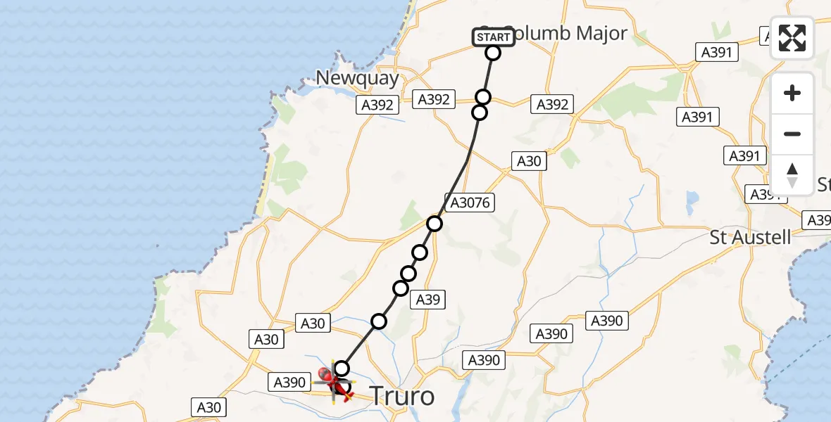Flight path map showing Air Ambulance Helicopter route from Cornwall Airport Newquay to Langarth