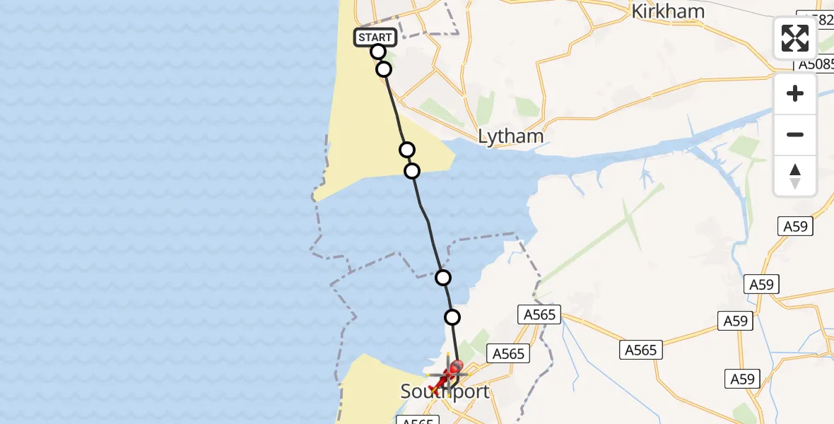 Flight path map showing Air Ambulance Helicopter route from Blackpool Airport to Southport