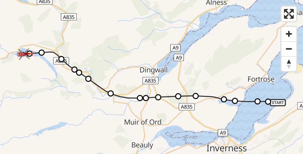 Flight path map showing Air Ambulance Helicopter route from Inverness to Loch Luichart