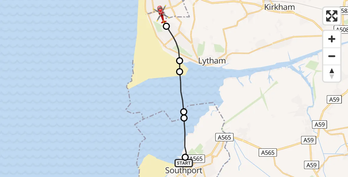 Flight path map showing Air Ambulance Helicopter route from Southport to Blackpool Airport