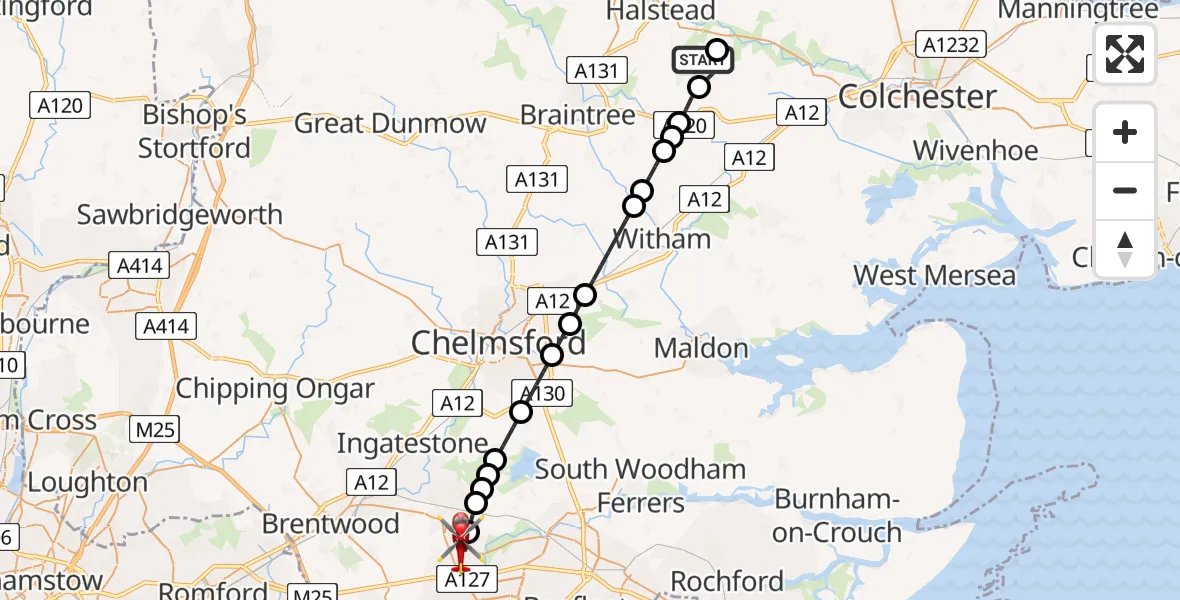 Flight path map showing Air Ambulance Helicopter route from Earls Colne Airfield to Basildon