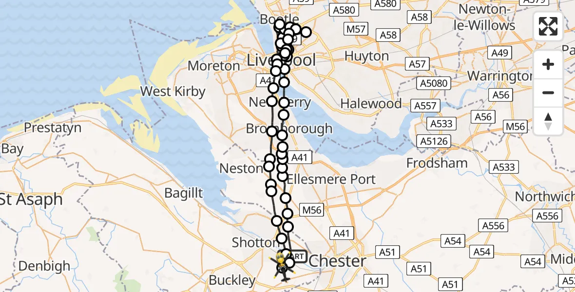 Flight path map showing Police Helicopter route from Sealand to Broughton