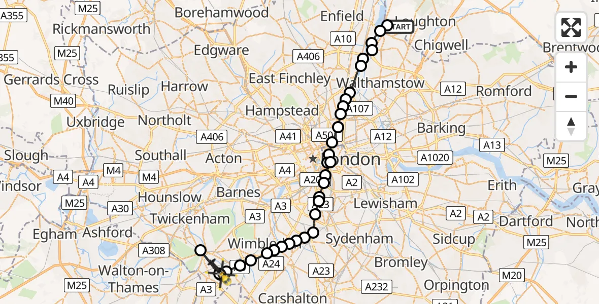 Flight path map showing Police Helicopter route from Sewardstonebury to Berrylands