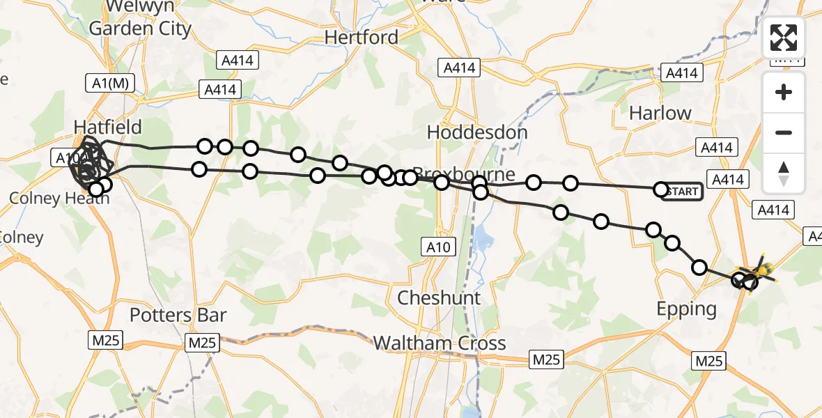 Flight path map showing Police Helicopter route from Epping Forest to Coopersale