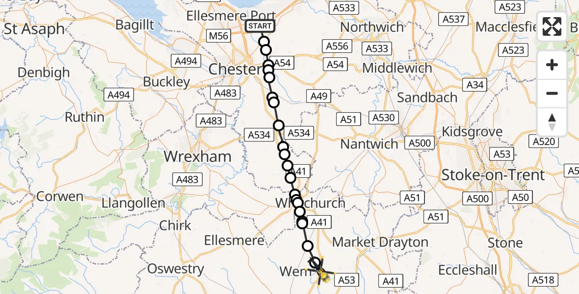 Flight route Police Helicopter Thornton le Moors - Weston-under-Redcastle, 20 April 2026, 12:49