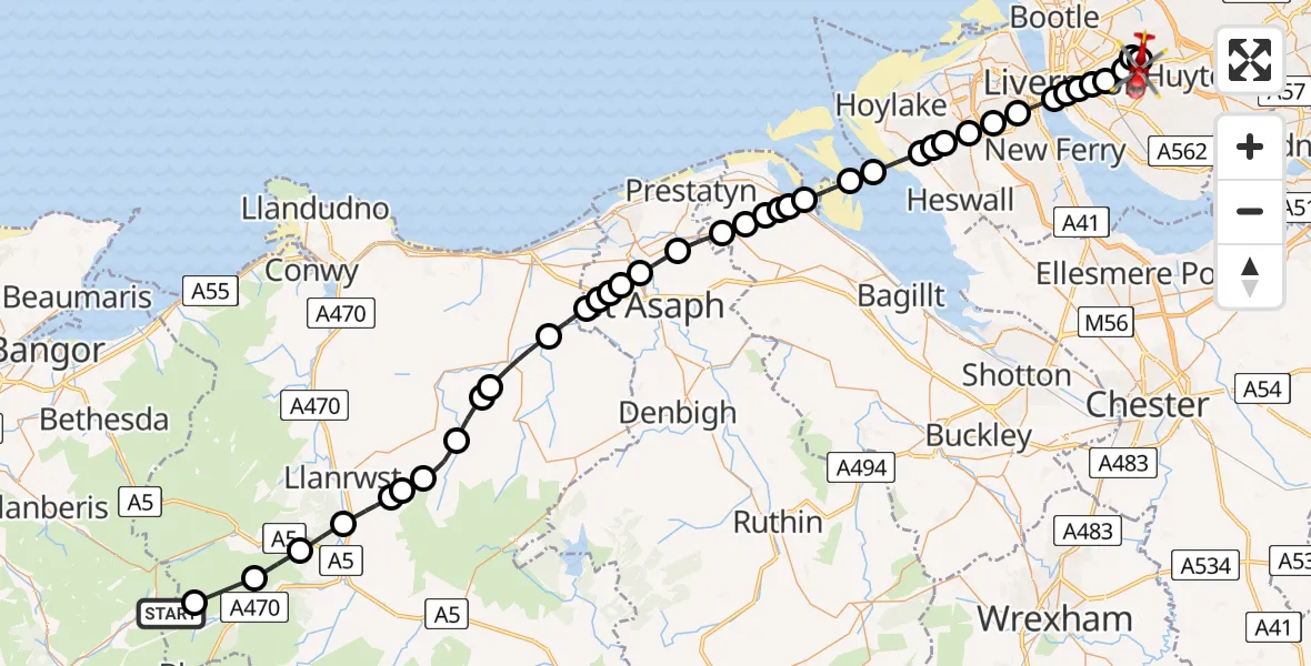 Flight path map showing Air Ambulance Helicopter route from Beddgelert to Knotty Ash