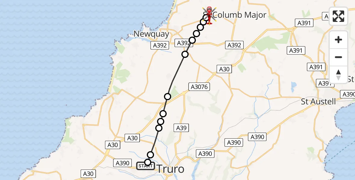 Flight route Air Ambulance Helicopter Treliske Hospital - Cornwall Airport Newquay, 20 April 2026, 12:56