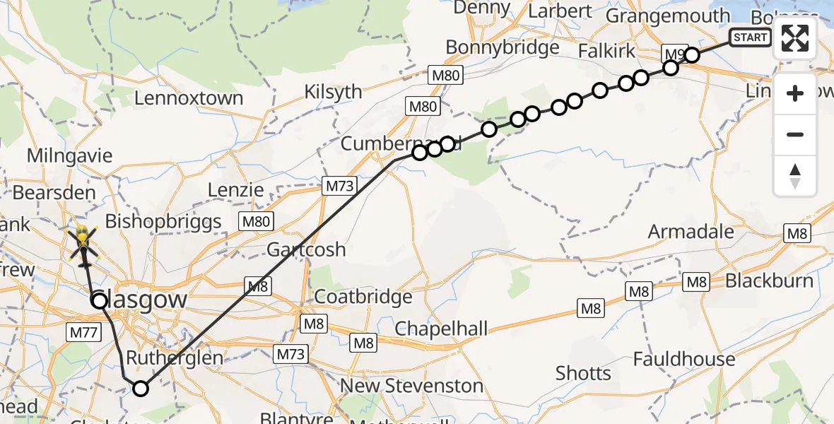 Flight path map showing Police Helicopter route from Bo'ness to Glasgow