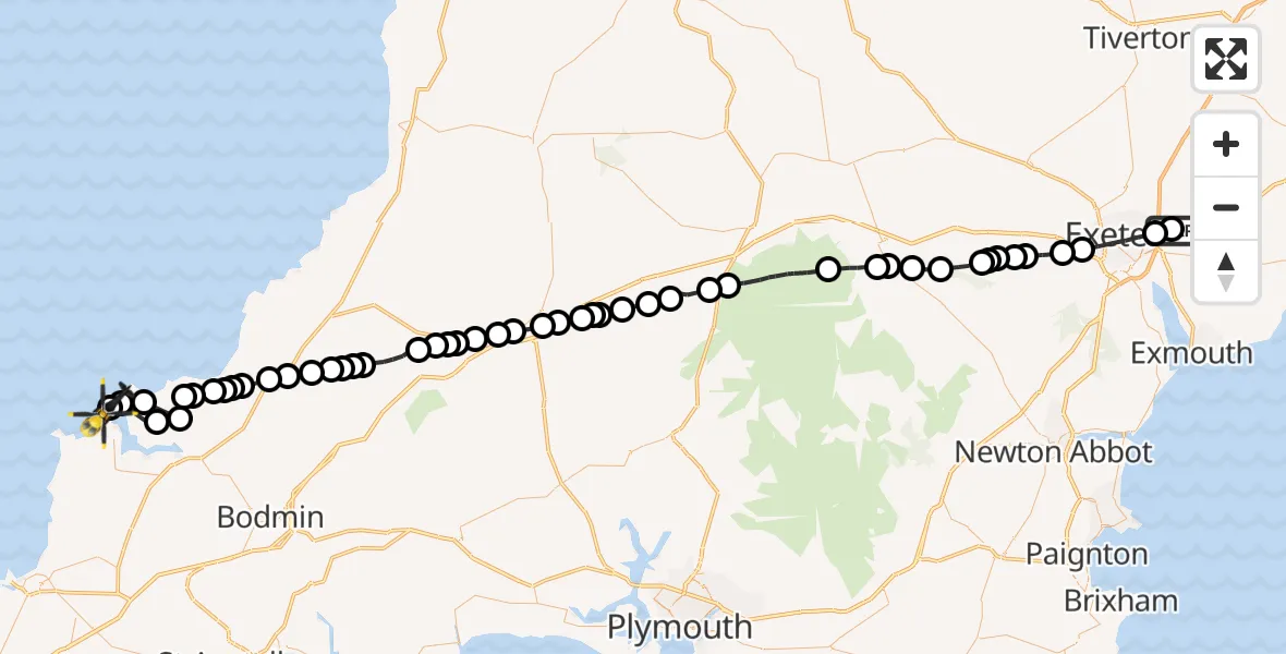 Flight path map showing Police Helicopter route from Exeter International Airport to Padstow