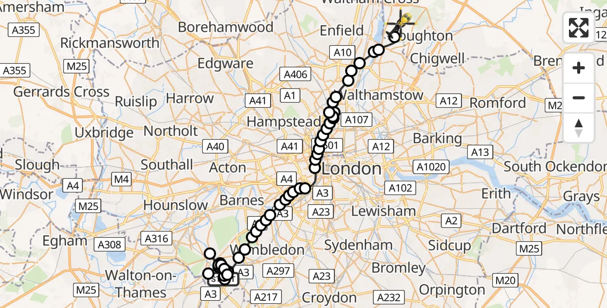 Flight path map showing Police Helicopter route from Berrylands to Sewardstonebury
