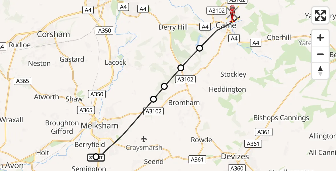Flight path map showing Air Ambulance Helicopter route from Wiltshire Air Ambulance to Calne