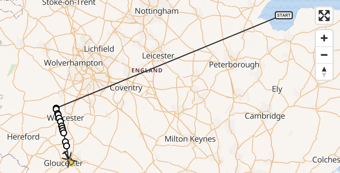 Flight path map showing Police Helicopter route from North Sea to Tewkesbury