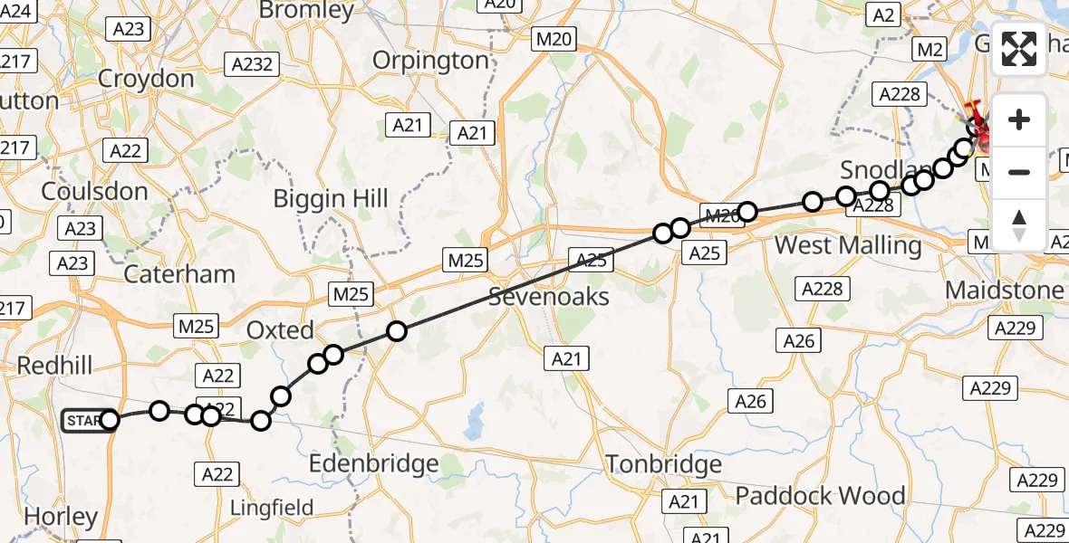 Flight route Air Ambulance Helicopter Redhill Aerodrome - Rochester Airport, 20 April 2026, 13:25