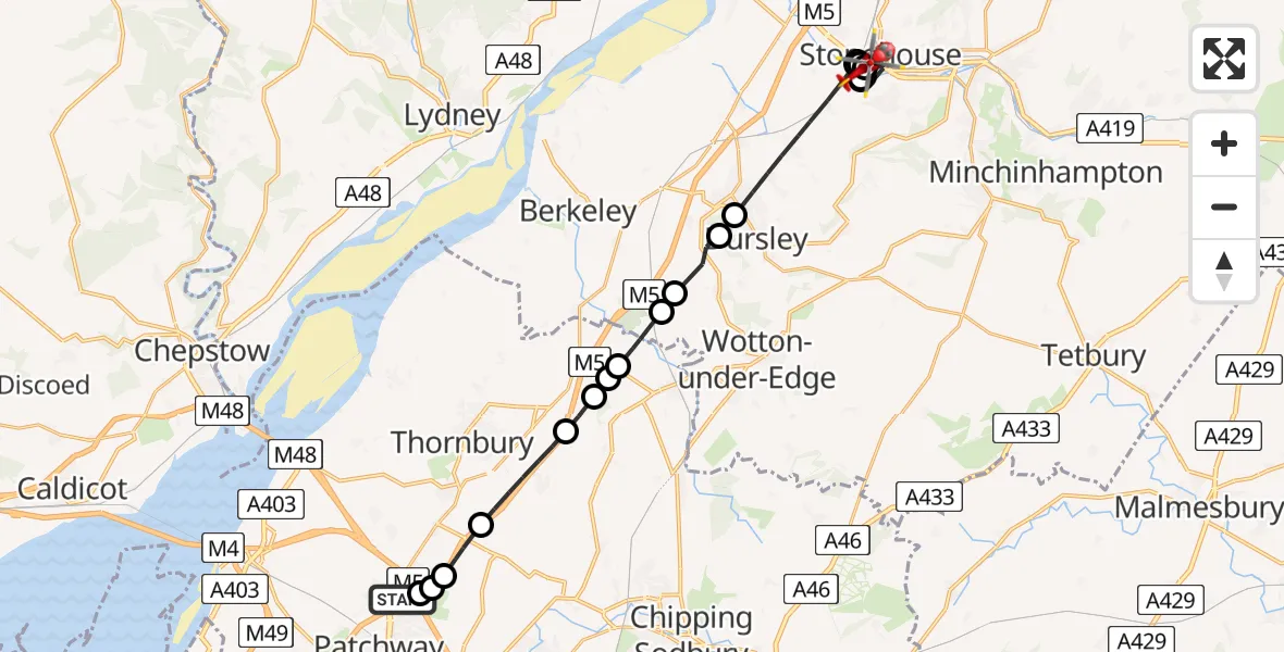 Flight route Air Ambulance Helicopter Almondsbury Helicopter Base - Stonehouse, 20 April 2026, 13:33