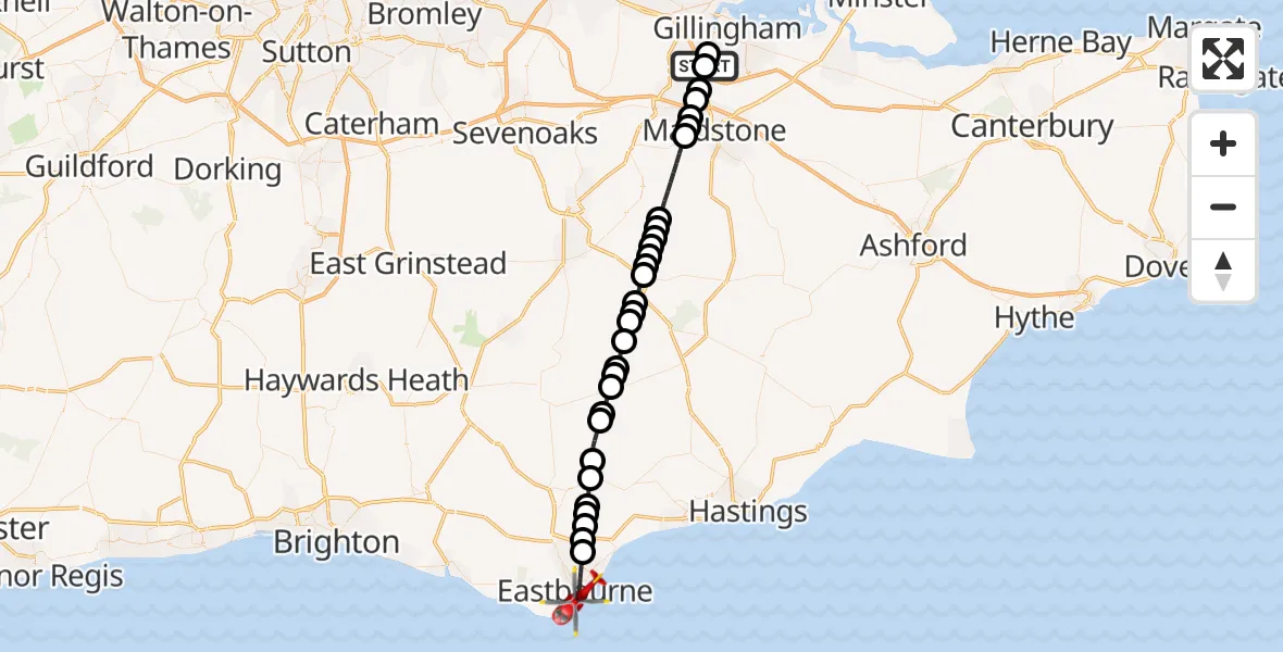 Flight path map showing Air Ambulance Helicopter route from Rochester Airport to Eastbourne