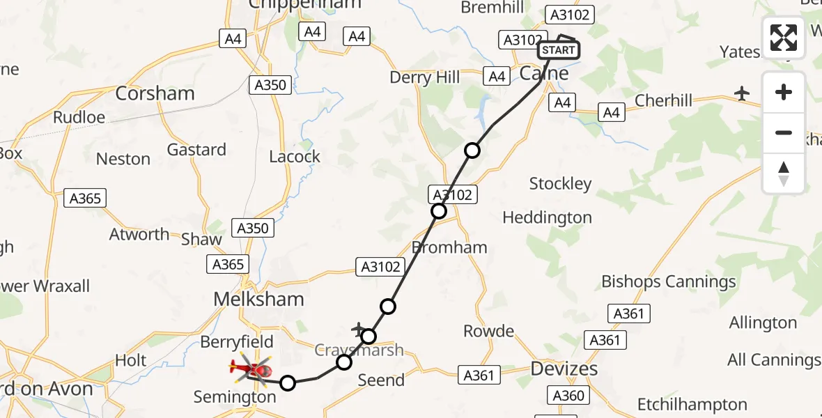 Flight path map showing Air Ambulance Helicopter route from Calne to Melksham