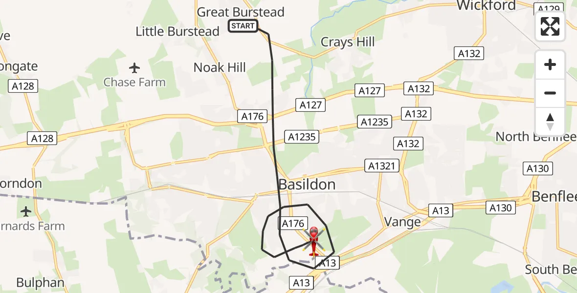 Flight path map showing Air Ambulance Helicopter route from Basildon to Basildon