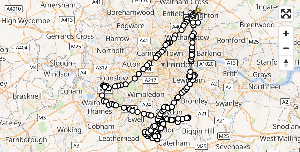 Flight path map showing Police Helicopter route from Chingford to Metropolitan Police Air Support Unit Lippitts Hill